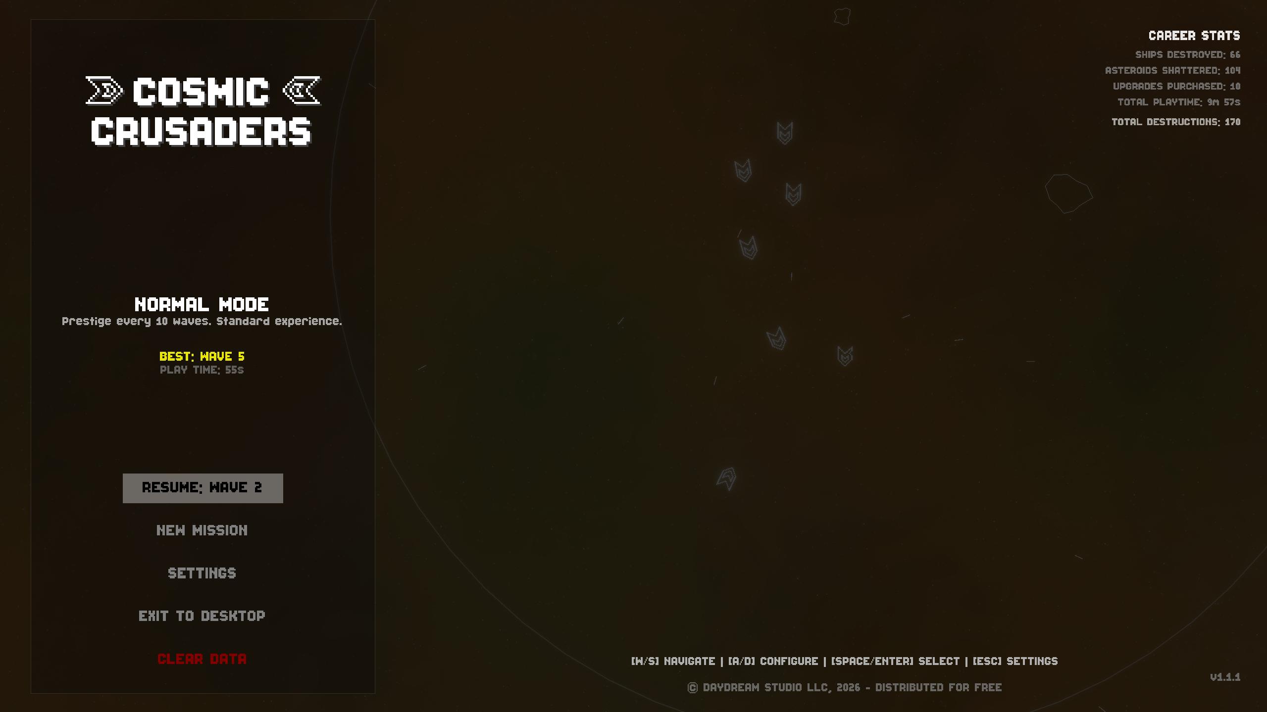 Cosmic Crusaders Screenshot 1 - The title screen of the game. Shows what mode the player is currently playing, and options to resume, start a new mission, open settings, exit to desktop, or clear data.