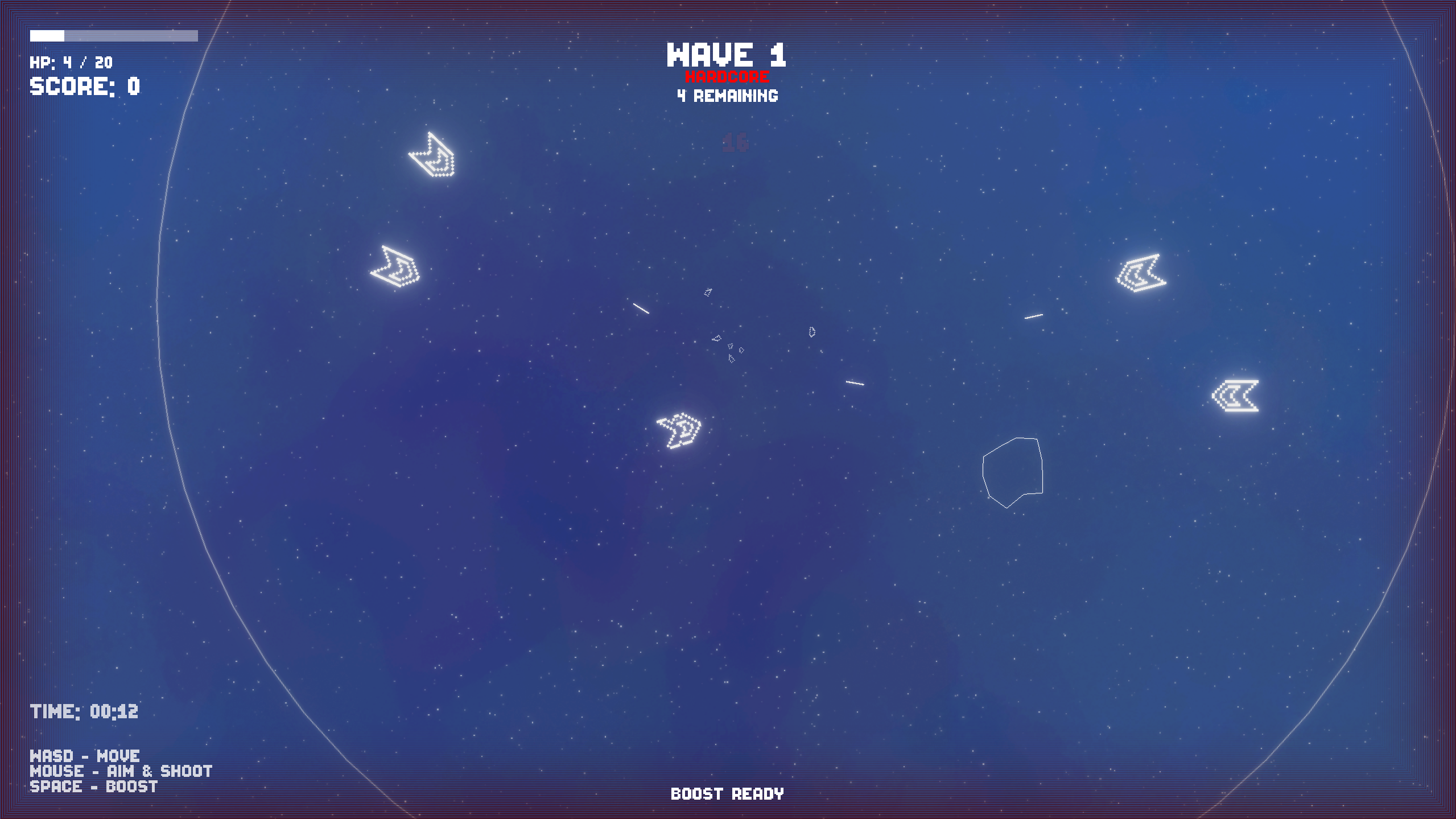 Cosmic Crusaders Screenshot 2 - Shows an in-game screenshot of Hardcore Mode on Wave 1 with 4 enemies remaining, surrounding the player.