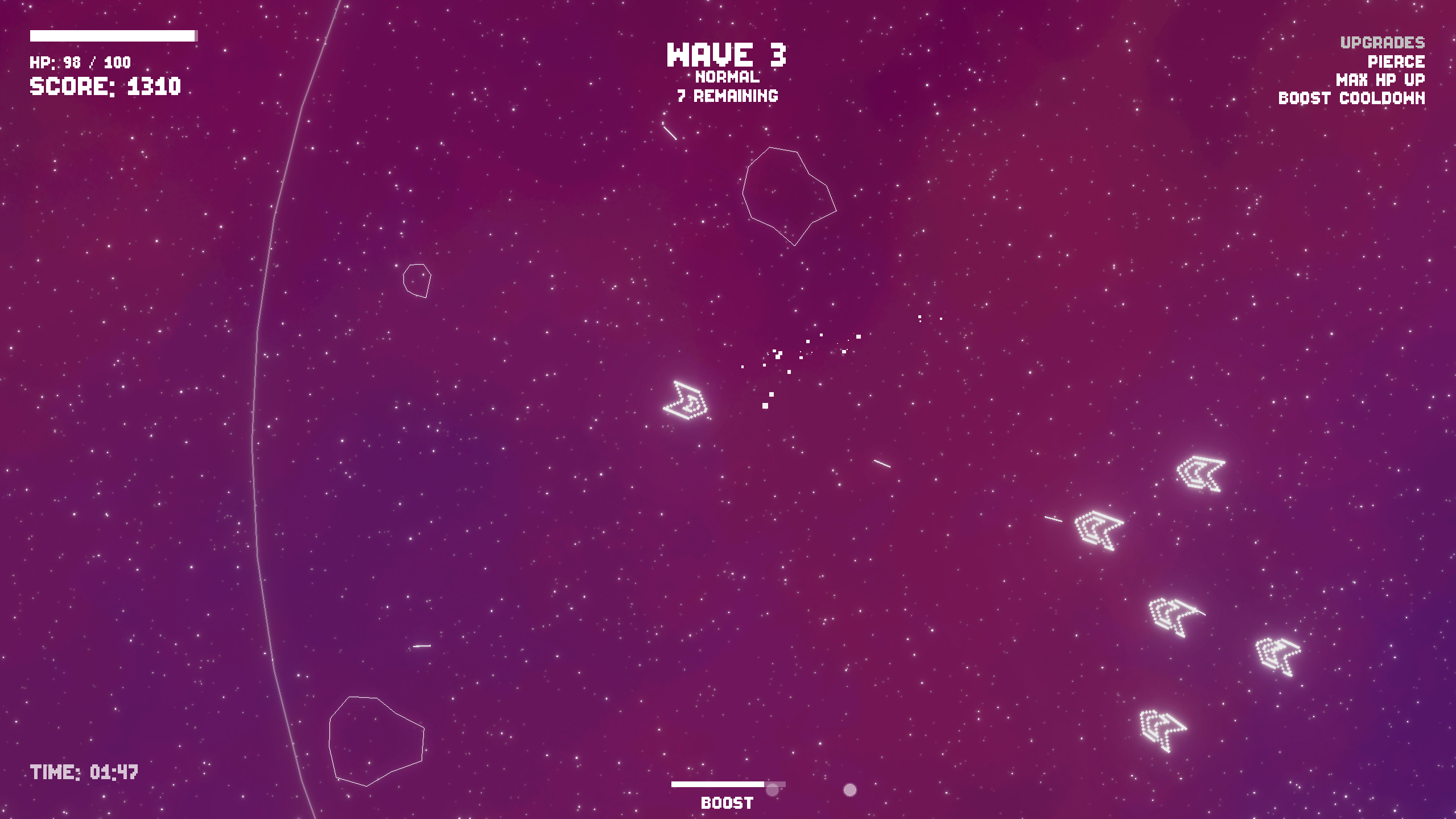 Cosmic Crusaders Screenshot 3 - Shows an in-game screenshot of Normal Mode on Wave 3 with 7 enemies remaining, mostly off to the player's right hand side.