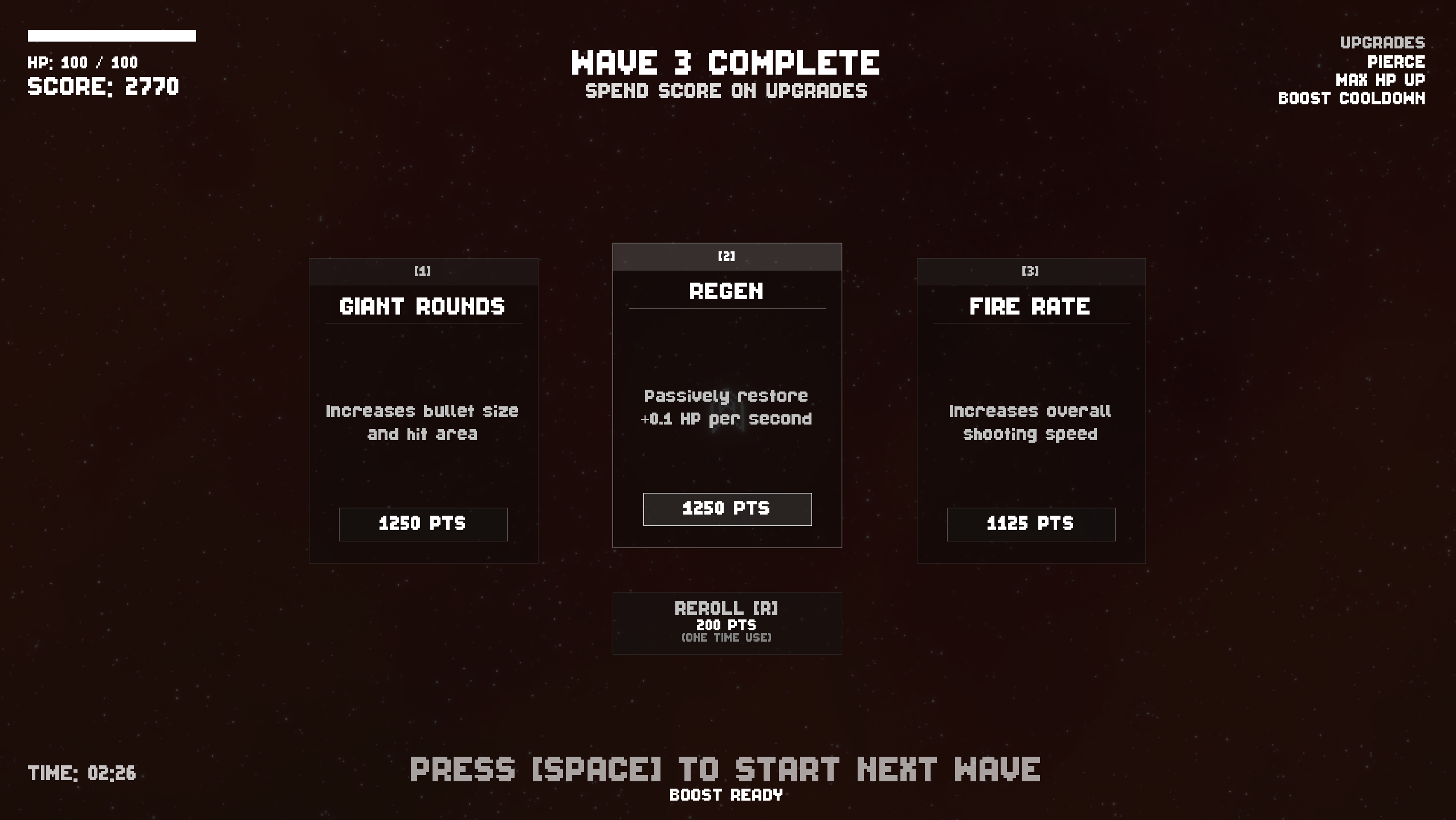 Cosmic Crusaders Screenshot 4 - Shows the upgrade screen in between waves. There are three options presented - Giant Rounds, Regen and Fire Rate.