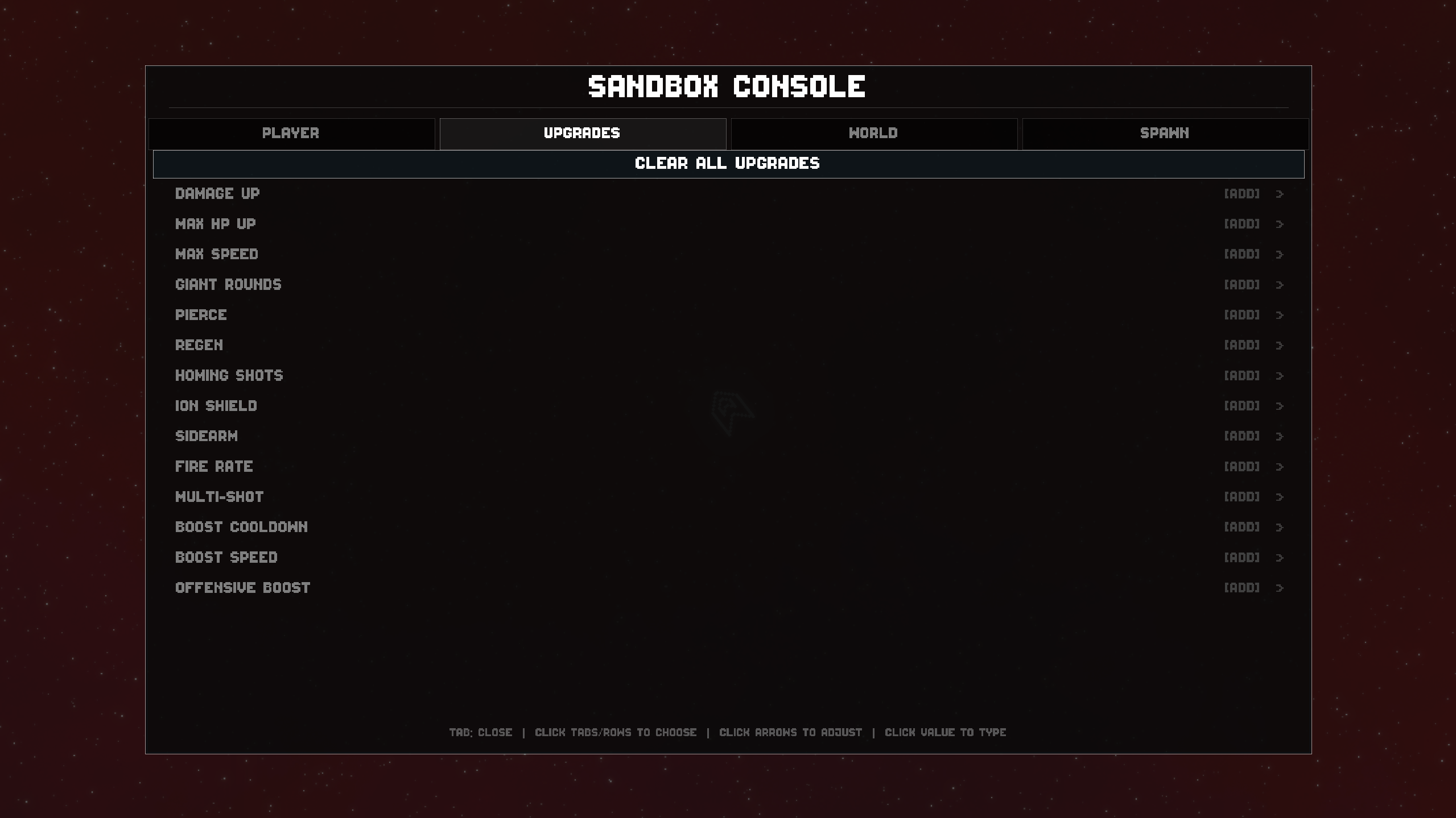 Cosmic Crusaders Screenshot 5 - Shows the Sandbox Console screen. There are various options to customize the gameplay experience.
