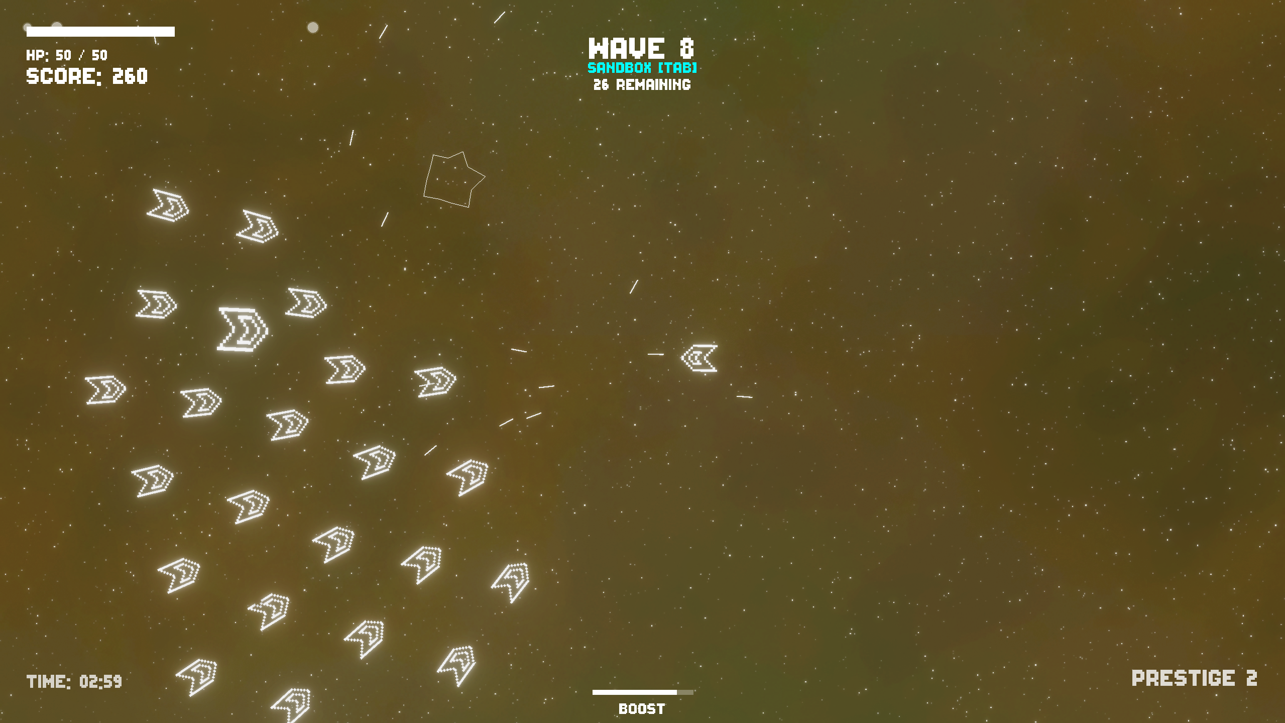 Cosmic Crusaders Screenshot 6 - Shows an in-game screenshot of Sandbox Mode playing, with 26 regular enemies spawned in all surrounding the left hand side of the player.