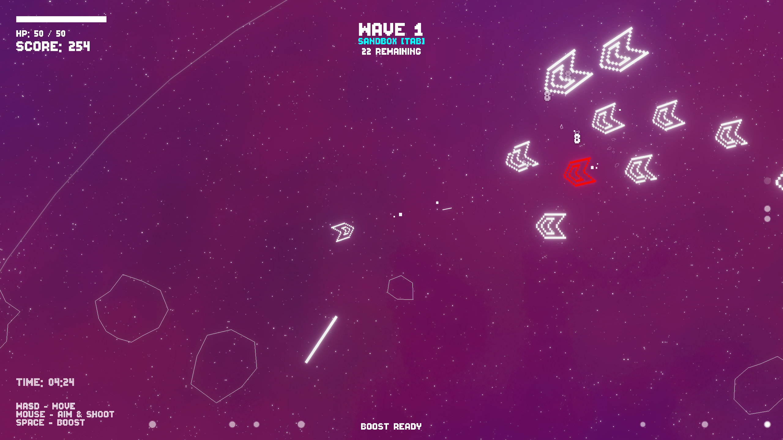 Cosmic Crusaders Screenshot 7 - Shows an in-game screenshot of Sandbox Mode playing, with a more varied mix of enemy types and 22 of them remaining.