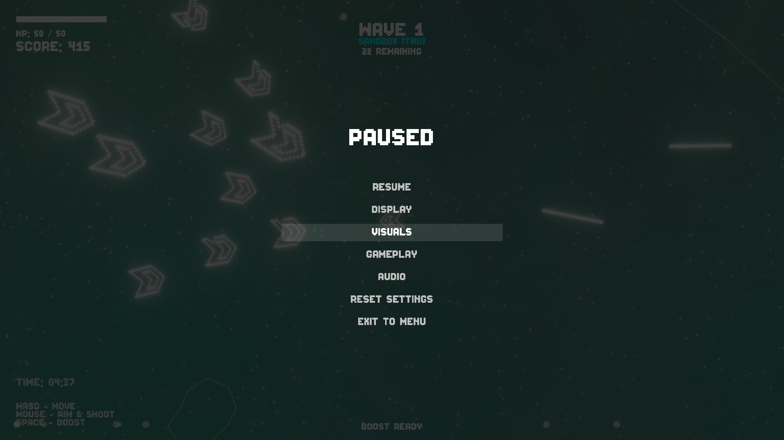 Cosmic Crusaders Screenshot 8 - Shows the Pause Menu, which contains options for display, visuals, gameplay, audio, reset settings, and exit to menu.