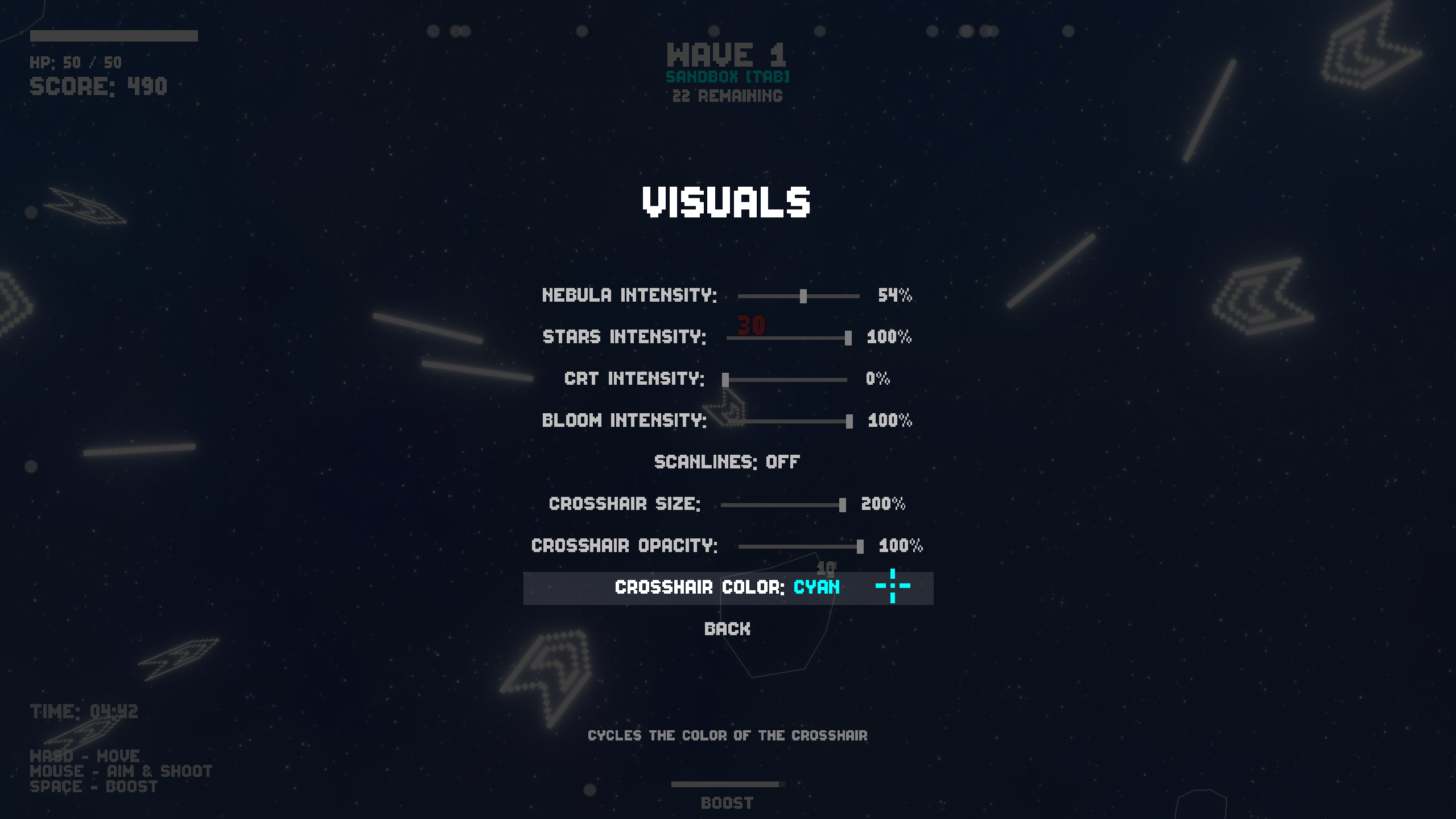 Cosmic Crusaders Screenshot 9 - Shows the Visuals submenu of the Options menu. There are options for Nebula Intensity, Stars Intensity, CRT Intensity, Bloom Intensity, Scanlines (On/Off), Crosshair Size, Crosshair Opacity, and Crosshair Color.
